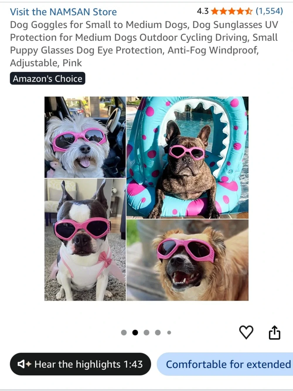 Pink Dog Goggles UV Antiglare Anti Fog Wind Proof Protective Sunglasses NWT